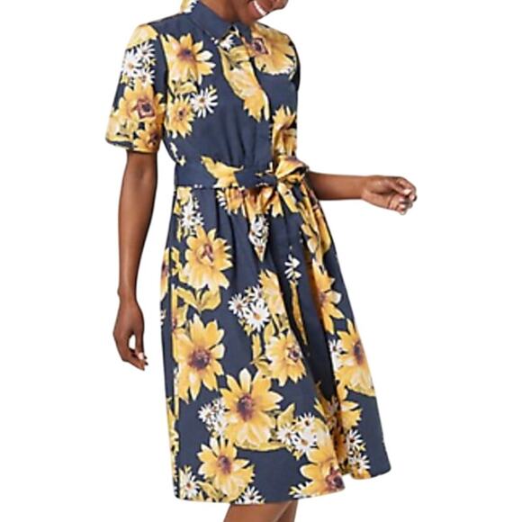 Jason Wu Shirt Dress Frock Belted Button Down Floral Pocket Navy Blue Yellow 4XP - Picture 1 of 8
